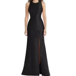 NEW Alfred Sung Jewel Neck Bowed Open-Back Trumpet Dress w/ Front Slit, Black, 0